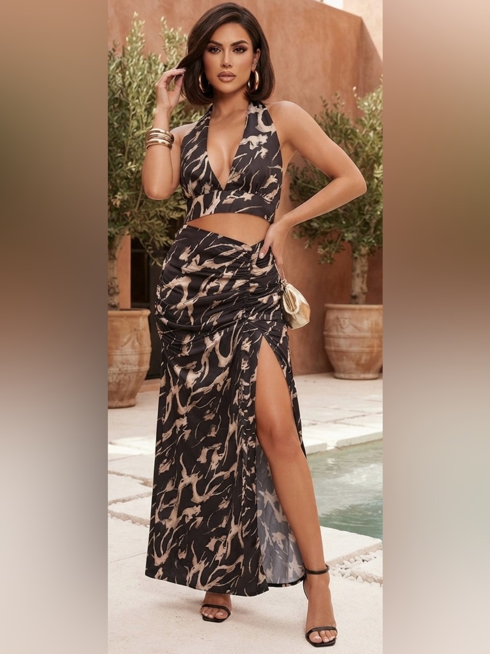 NWOT! Halter Crop Top and Ruched Maxi Skirt One Piece Dress